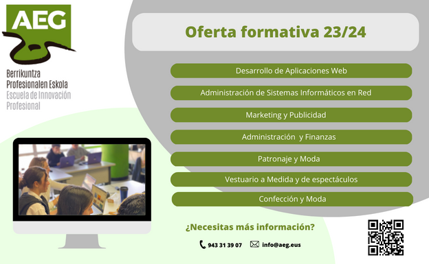 Oferta formativa de FP Formación Profesional para el curso 23/24 en AEG Escuela de Innovación Profesional en Donostia-San Sebastián. 